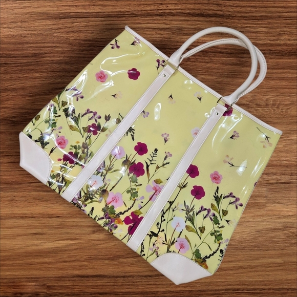 Floral Yellow Plastic Tote Bag with Blush Accents - Picture 1 of 6